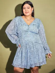 CURVE BY KASSUALLY V Neck Floral Print Long Puff Sleeve Fit & Flare Plus Size Dress