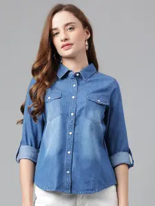 Latin Quarters Cotton Spread Collar Roll-Up Sleeves Casual Shirt