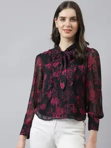 Latin Quarters Floral Print Tie-Up Neck Cuffed Sleeves Opaque Casual Top