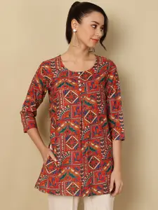 AKIMIA Geometric Printed Round Neck Straight Kurti