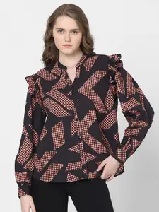 Vero Moda Geometric Print Mandarin Collar Ruffles Shirt Style Top