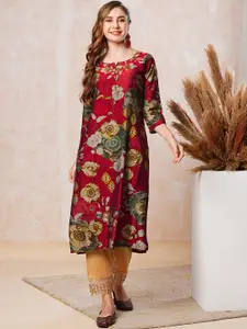 FASHOR Floral Printed Notched Neck Pure Cotton Straight Kurta