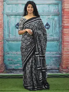 KIAARON Pure Cotton Geometric Block Print Saree