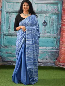KIAARON Geometric Printed Pure Cotton Half And Half Block Print Saree