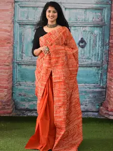 KIAARON Pure Cotton Half and Half Geometric Block Print Saree