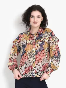 putsum Classic Floral Printed Ruffles Casual Shirt