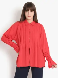 putsum Classic Spread Collar Long Bishop sleeves Pin Tucks Casual Shirt