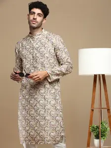 Anouk Mustard Geometric Embroidered Mandarin Collar Pure Cotton Straight Kurta