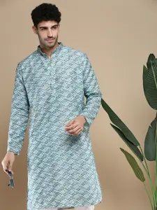 Anouk Blue Abstract Printed Zari Mandarin Collar Cotton Straight Kurta