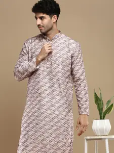 Anouk Brown Abstract Printed Zari Mandarin Collar Cotton Straight Kurta