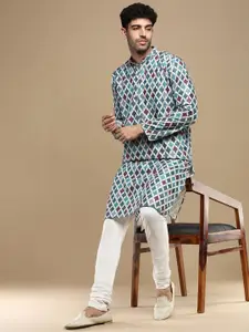 Anouk Teal Green Geometric Printed Sequinned Mandarin Collar Cotton Straight Kurta