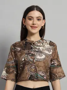 HANDICRAFT PALACE Ethnic Print Mandarin Collar Flared Sleeves Cotton Crop Top