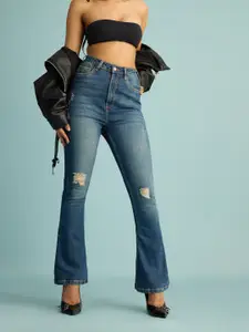 FREAKINS Women Bootcut High-Rise Slash Knee Light Fade Pure Cotton Jeans