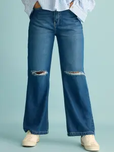 FREAKINS Women Wide Leg High-Rise Slash Knee Light Fade Pure Cotton Jeans