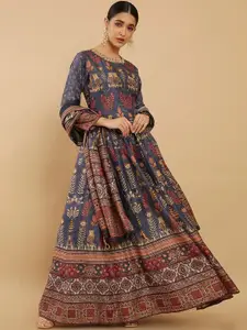 ODETTE Floral Printed Round Neck Silk Maxi Ethnic Dress With Dupatta