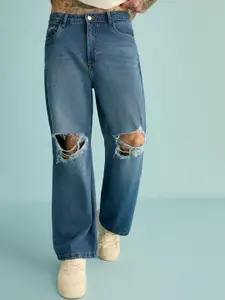 FREAKINS Men Wide Leg High-Rise Slash Knee Light Fade Pure Cotton Jeans