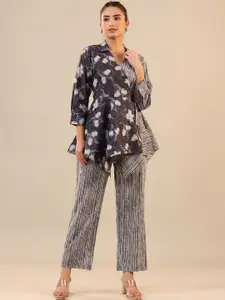 JISORA Floral Printed Shirt Collar Top & Trousers