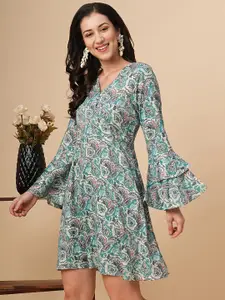 Globus Overlapped-V Neck Allover Printed Paisley Floral Fusion A-Line Dress