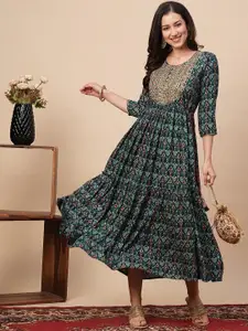 Globus Teal Blue Ethnic Motifs Printed Embroidered Detailed A-Line Ethnic Dress Midi Dress