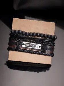 The Roadster Lifestyle Co. Men Black Set of 4 Wooden Beaded Leather Elasticated Bracelets