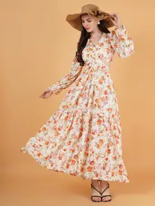 Kushi Flyer Floral Printed Puff Sleeves Waist Cut Outs Fit & Flare Maxi Dress