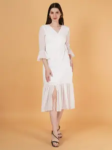 Kushi Flyer Self Design V Neck Flared Sleeves Georgette Wrap Midi Dress
