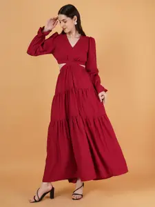 Kushi Flyer V Neck Puff Sleeves Waist Cut Outs Tiered Fit & Flare Maxi Dress