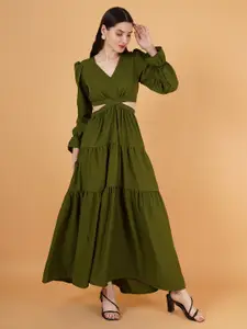 Kushi Flyer V Neck Puff Sleeves Waist Cut Outs Tiered Fit & Flare Maxi Dress