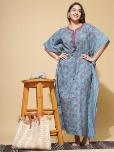 9shines Label Floral Printed Tie Up Pure Cotton Kaftan Maxi Nightdress
