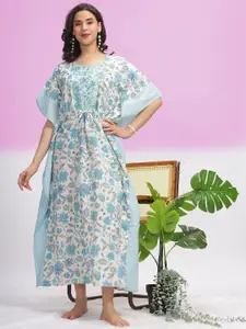 9shines Label Floral Printed Thread Work Pure Cotton Kaftan Maxi Nightdress