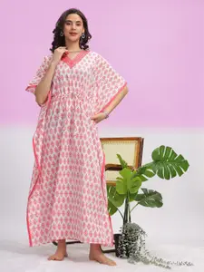 9shines Label Floral Printed Tie Up Gotta Patti Pure Cotton Maxi Kaftan Nightdress
