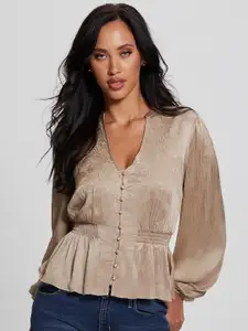 GUESS Mandarin Collar Long Puff Sleeves Regular Fit Casual Shirt