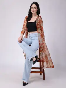 SCORPIUS Floral Printed Sheer Longline Open Front Shrug