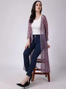 SCORPIUS Floral Printed Sheer Longline Open Front Shrug