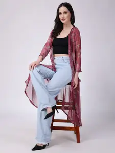 SCORPIUS Printed Chiffon Open Front Longline Shrug