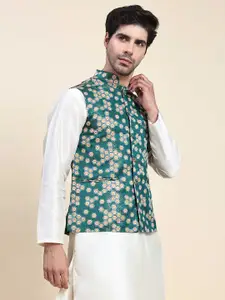 Aanys Culture Geometric Printed Mandarin Collar Sleeveless Satin Nehru Jacket