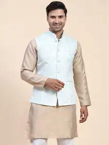 Aanys Culture Floral Woven Design Mandarin Collar Sleeveless Satin Nehru Jacket