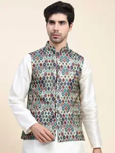 Aanys Culture Geometric Printed Mandarin Collar Sleeveless Nehru Jacket