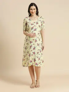MomToBe Floral Printed V-Neck Puff Sleeves Maternity A-Line Dress
