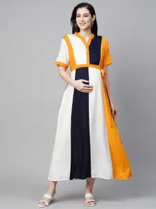 MomToBe Colourblocked Mandarin Collar Maternity A-Line Midi Dress
