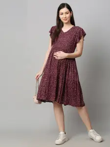 MomToBe Floral Printed Flutter Sleeves Gathered Detailed Maternity Fit & Flare Dress