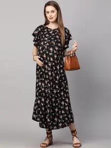 MomToBe Floral Printed Flutter Sleeves Maternity Fit & Flare Midi Dress