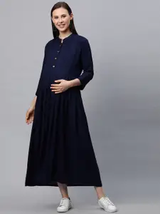 MomToBe Mandarin Collar Pleated Detailed Maternity A-Line Midi Dress