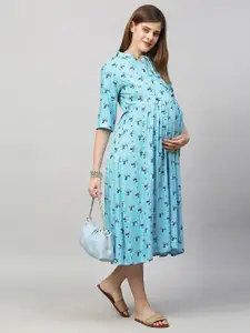 MomToBe Floral Printed Tie-Up Neck Gathered Detailed Maternity Fit & Flare Midi Dress
