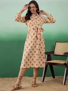 Sangria Abstract Printed Pure Cotton Shirt Ethnic Dress With Belt
