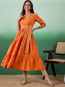 Sangria Lace Belted Tiered Fit & Flare Pure Cotton Midi Ethnic Dress