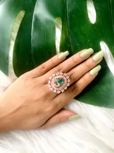 I Jewels Rose Gold Plated CZ & AD Studded Adjustable Finger Ring