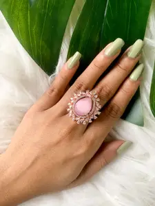 I Jewels Rose Gold Plated CZ & AD Studded Adjustable Finger Ring