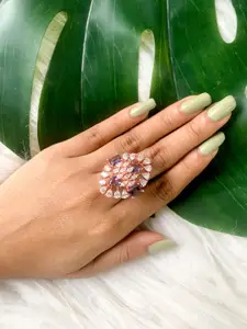 I Jewels Rose Gold Plated CZ Studded Adjustable Finger Ring