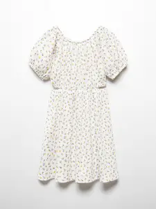 Mango Kids Girls Floral Print Puff Sleeves A-Line Dress